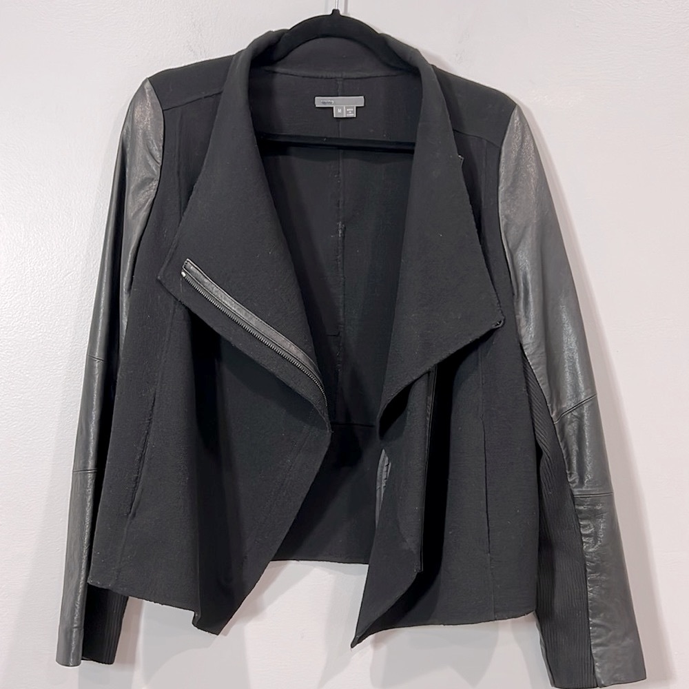 Vince Leather & Wool Mixed Media Black Motto Zip Jacket Knit Sweater Womens M 6 - Picture 7 of 16